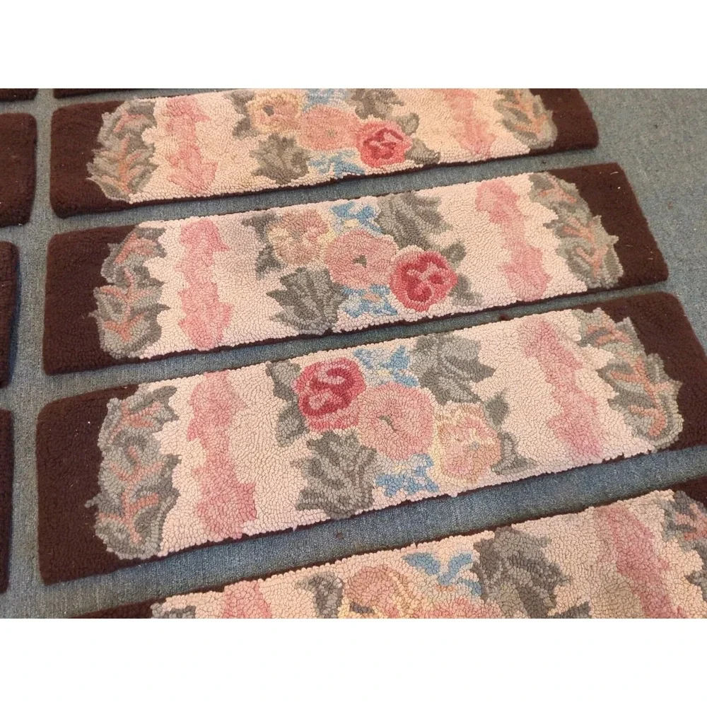 10 Antique Primitive Country Handmade Hook Wool Hooked‎ Stair Treads Floral Rug